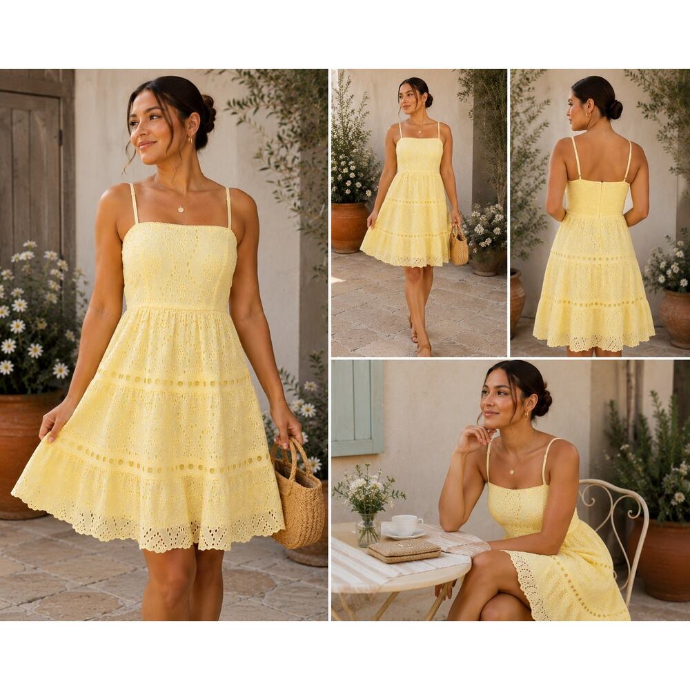 Altar’d State Yellow Eyelet Smocked Back Mini Dress XL NWOT Cotton Lined - Picture 12 of 12